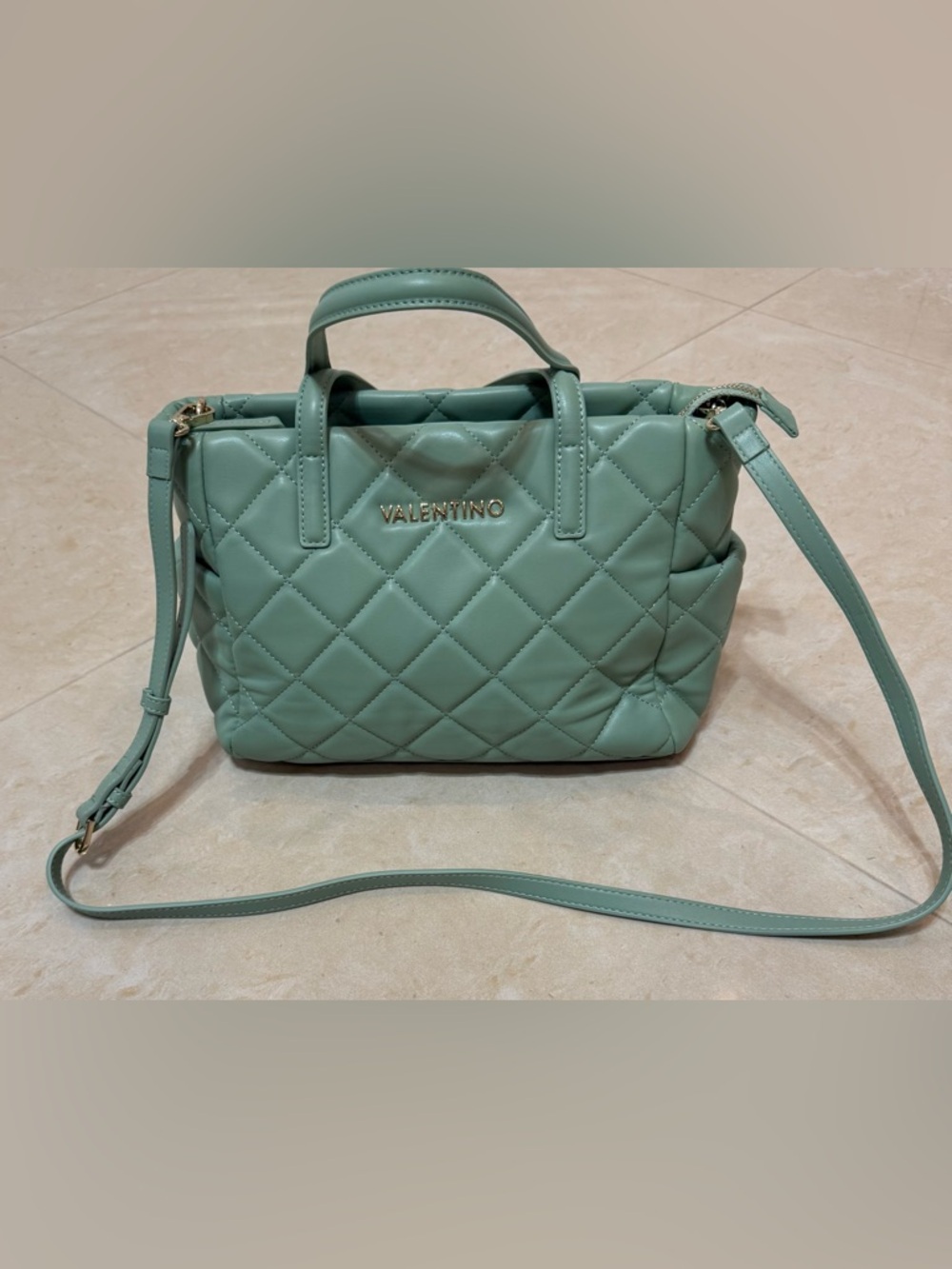 Valentino Quilted Mint Green Leather Tote with Gold Logo by Mario Valentino